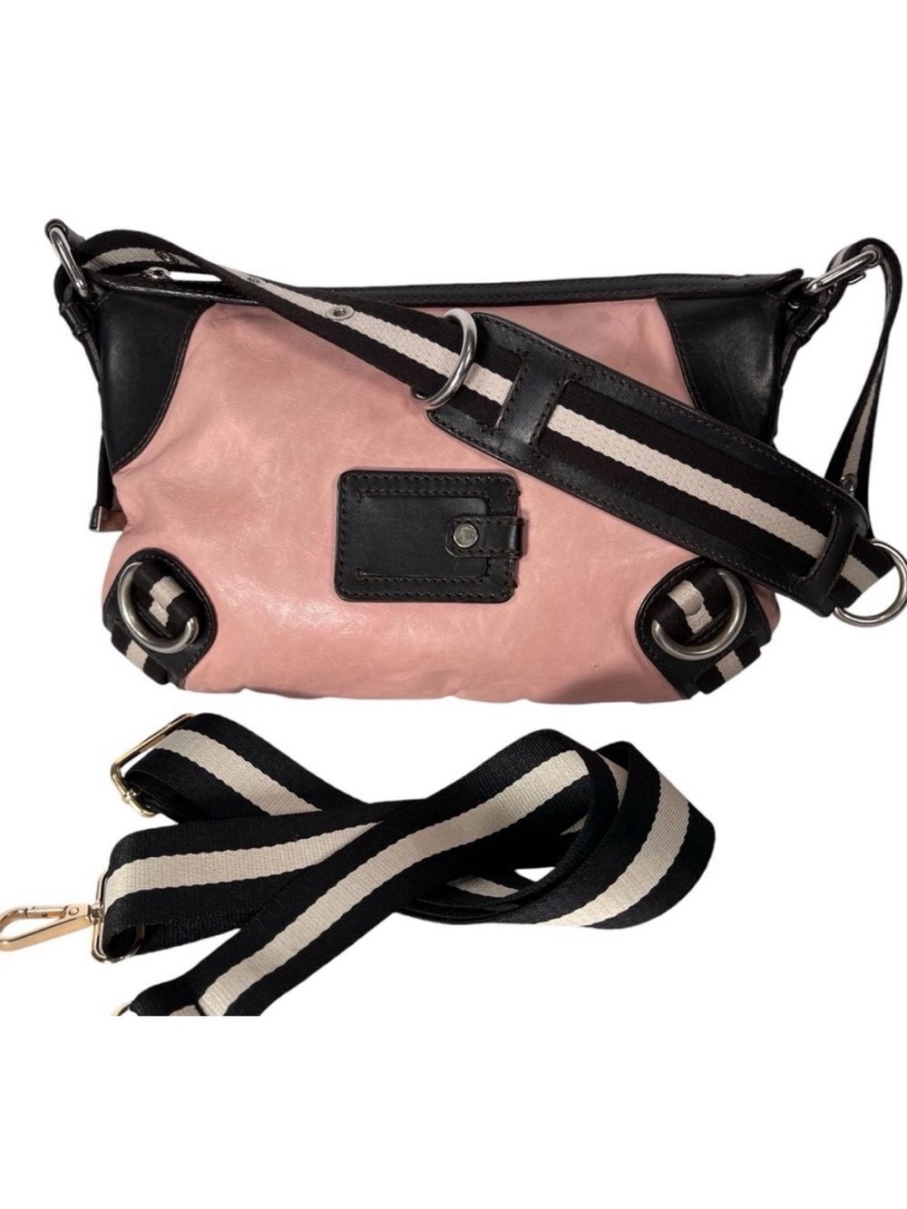 Bally Pink Black Leather Bag Shoulder Bag Crossbody Contrast Baguette Webbing